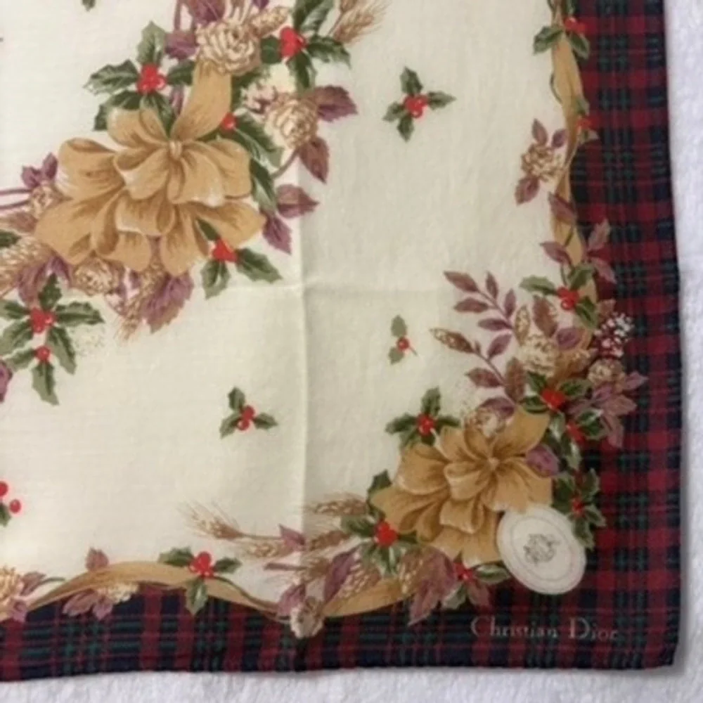 Vtg CHRISTIAN DIOR Scarf Handkerchief Floral Plaid Red Cream 18.5